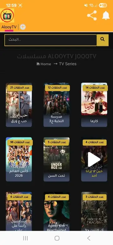 لقطة شاشة لمكتبة المسلسلات في تطبيق AlooyTV مع ملصقات الأعمال وعدد الحلقات